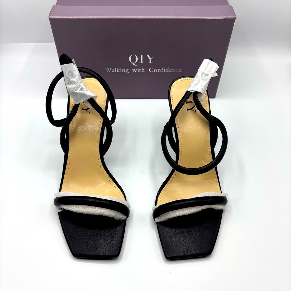QIY Womens Strappy Sandals Open Toe Ankle Strap Heeled Sandals Size 7 - Picture 3 of 8